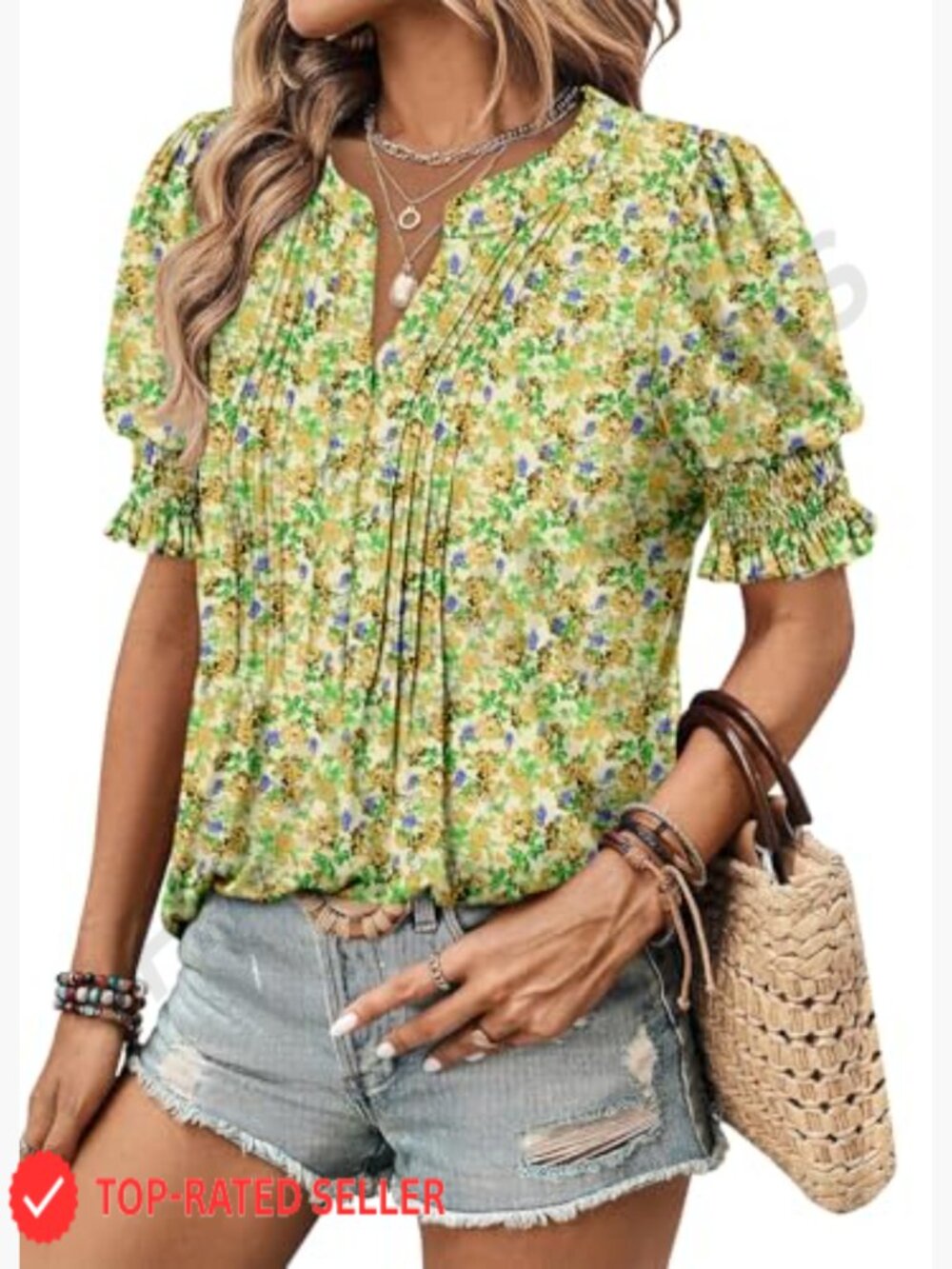 Dressy Casual Top Puff Sleeve Pleated Blouse Loose Trendy Summer Shirt V-Neck - Picture 5 of 7